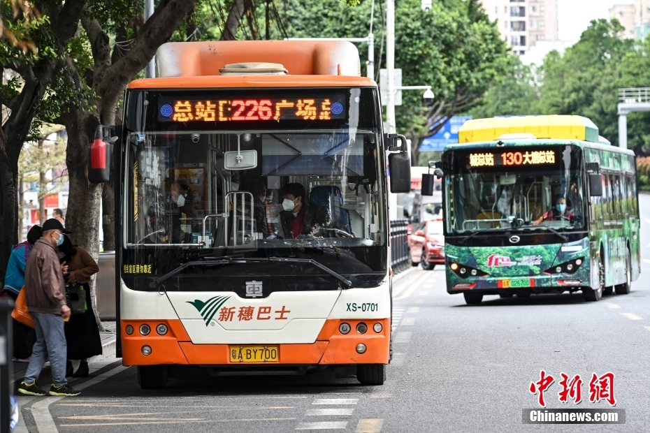 12月1日，廣東省廣州市海珠區(qū)，公交車有序進站。中新社記者 陳驥旻 攝 